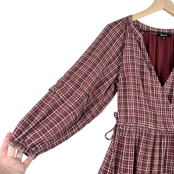 Madewell Seersucker Wrap Mini Dress in Dark Merlot Plaid Print Burgundy Red, XS‎ - Picture 8 of 16